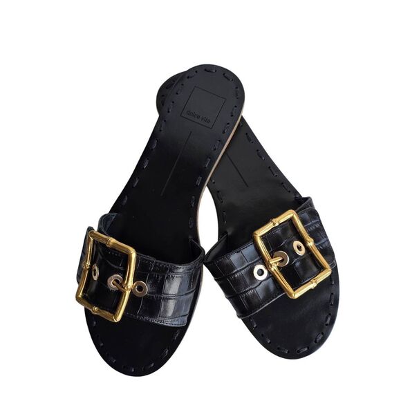 Dolce Vita Sandals Size 9 Noir Leather Open Toe Slides Croc Embossed - Picture 5 of 7